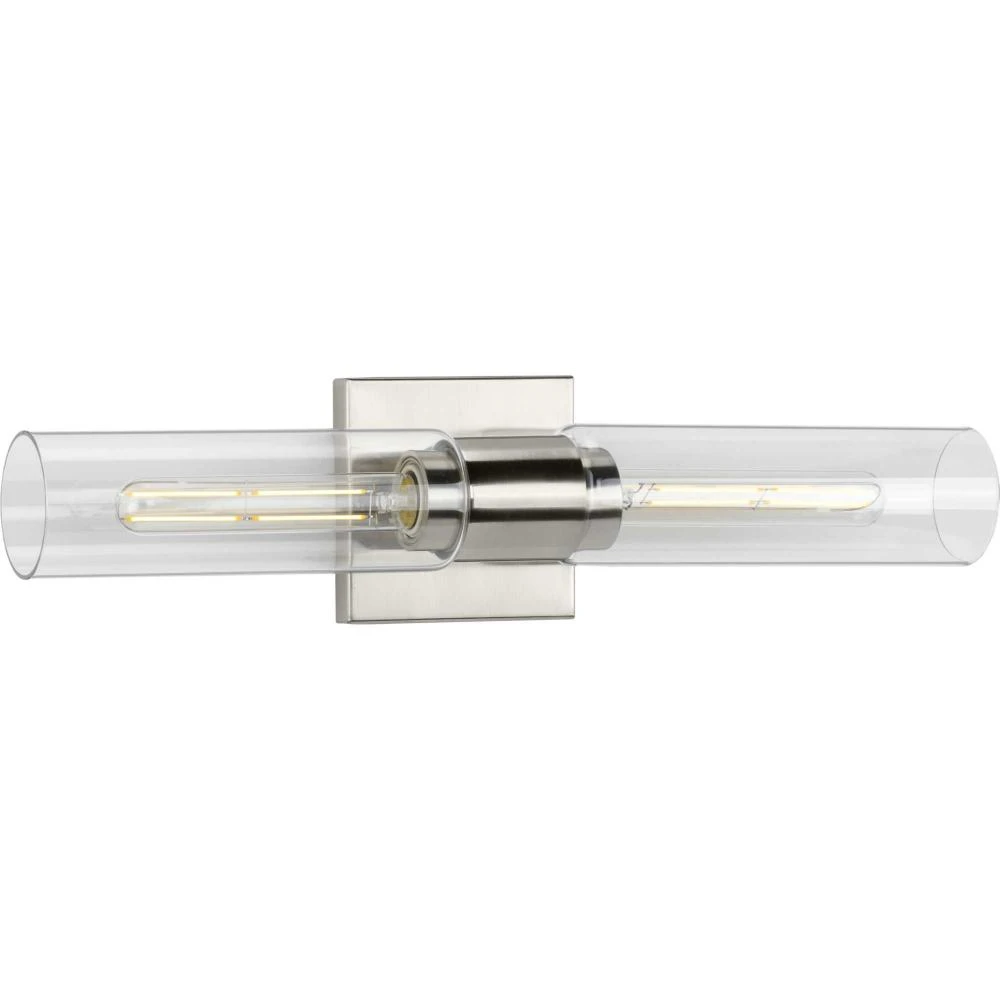 Clarion Collection Two-Light Brushed Nickel and Clear Glass Modern Style Bath Vanity Wall Light (AQ867)